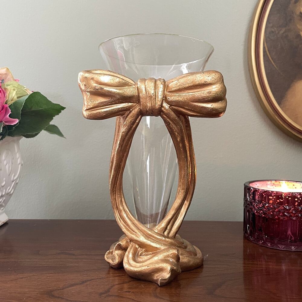 Vintage Gold Bow Vase Holder with Glass Insert | Coquette Home Decor